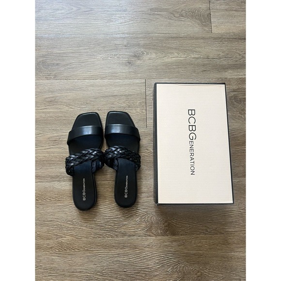 BCBG Generation Black Shoes Weave Strap Flat Slide On Sandals Women's Size 10 - Picture 2 of 5